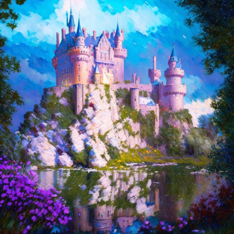 Fairytale castle on rocky hill surrounded by greenery and purple flowers