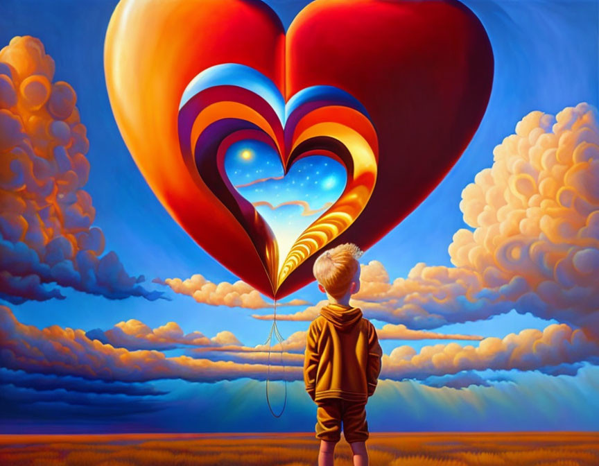 Young boy with heart-shaped hot air balloon in surreal sky