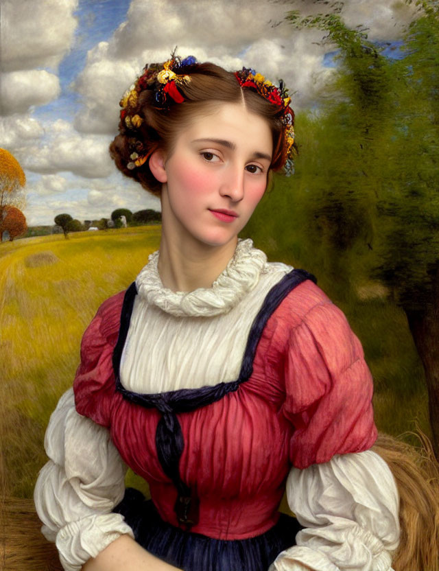 Traditional rural outfit painting of young woman in red blouse and floral headband against pastoral landscape