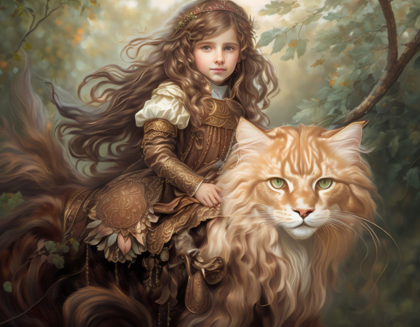 Young girl with wavy brown hair rides orange tabby cat in autumn forest.