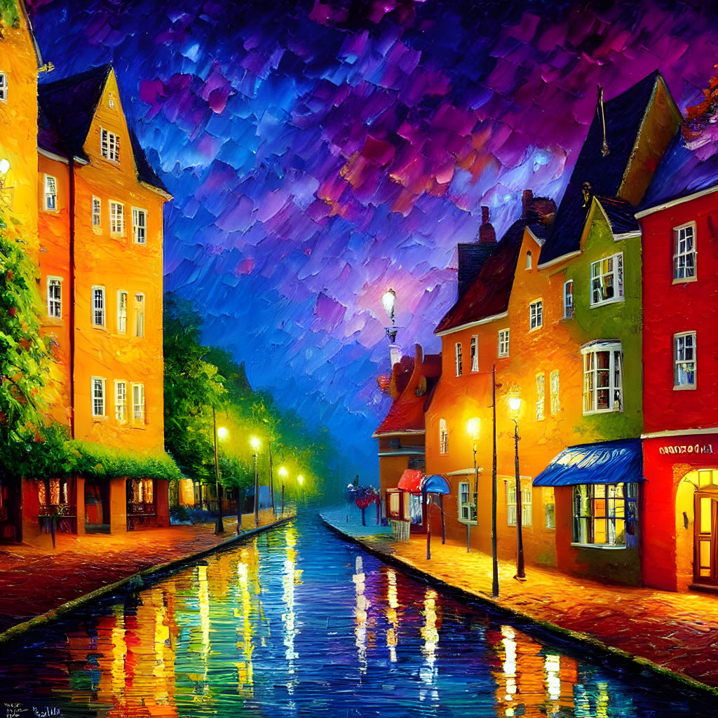 Vibrant Impressionistic Painting of Night Street Scene