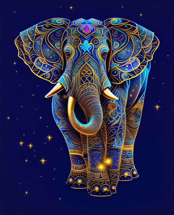 Intricate gold and blue patterned elephant under starry night sky