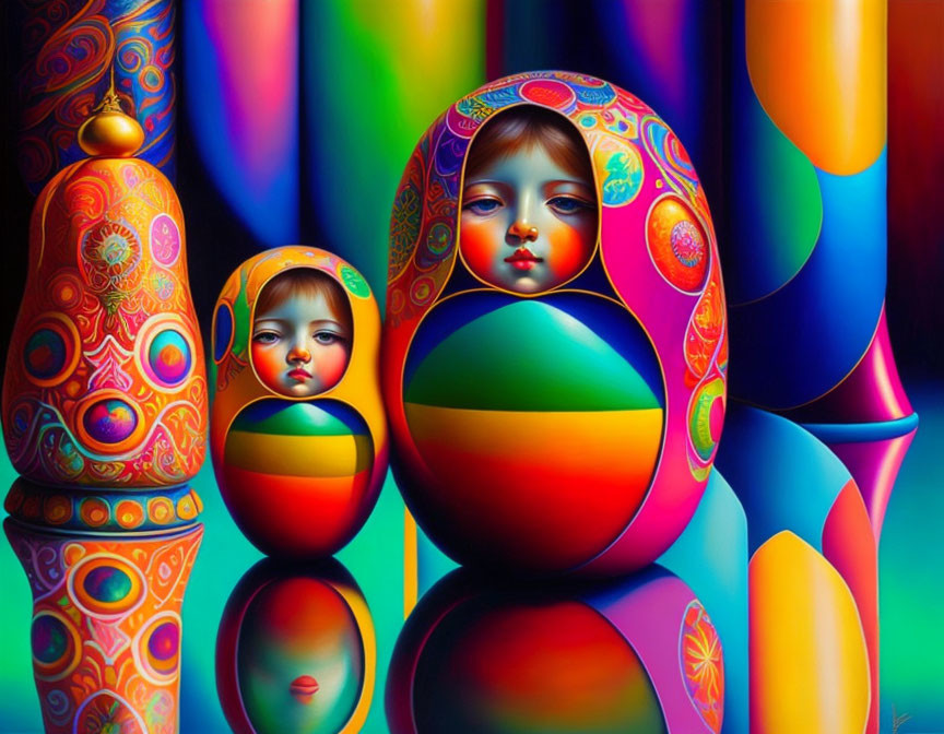 Colorful Russian Matryoshka Doll Painting with Intricate Patterns