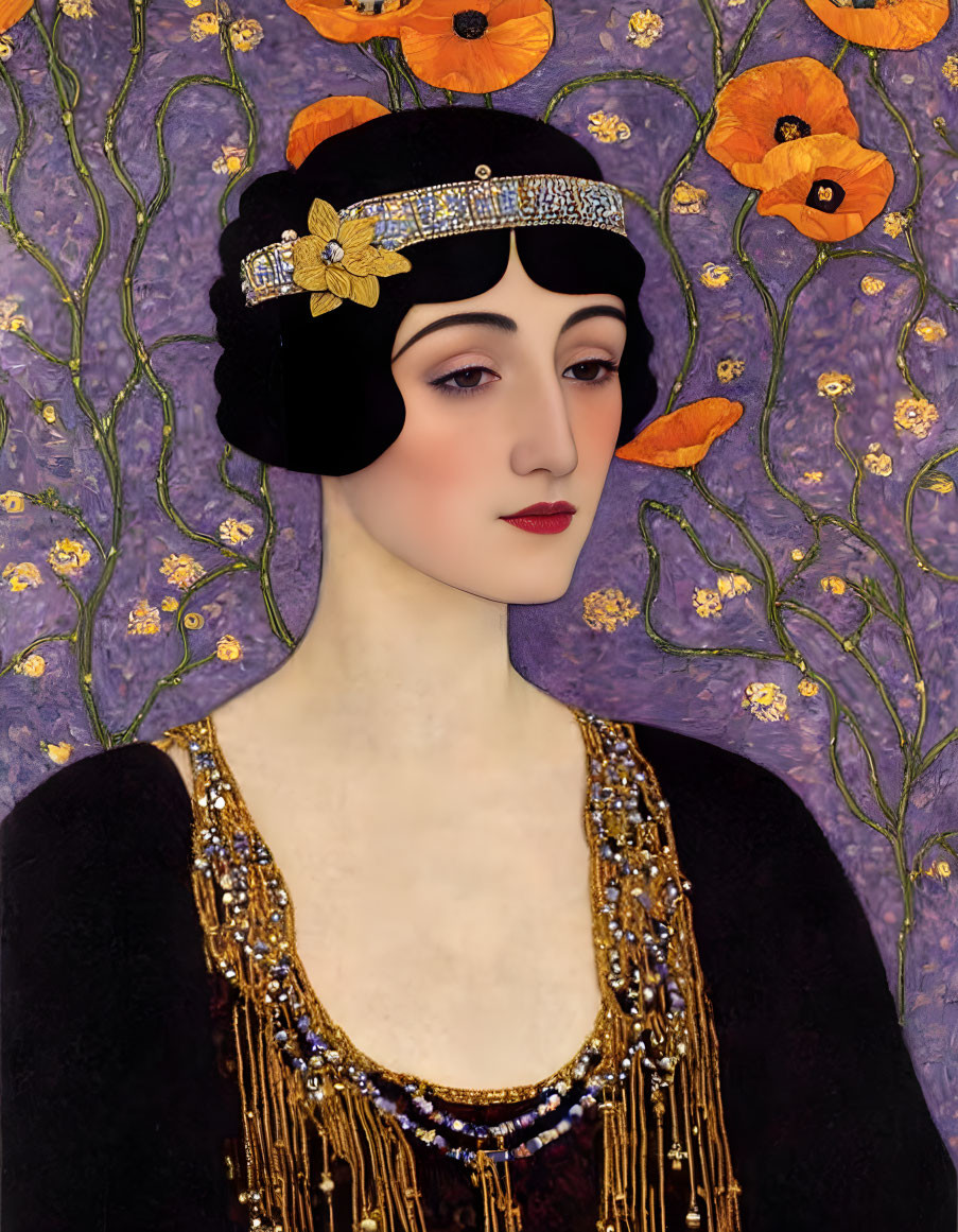 Stylized portrait of woman with black bob and headband in flapper dress on floral purple background