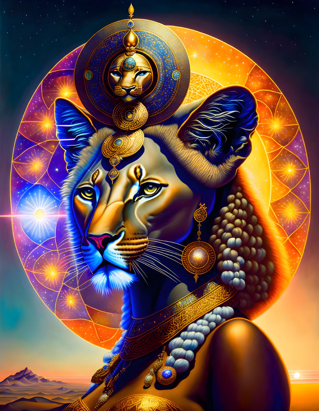 Colorful cosmic lion illustration with celestial jewelry on starry background