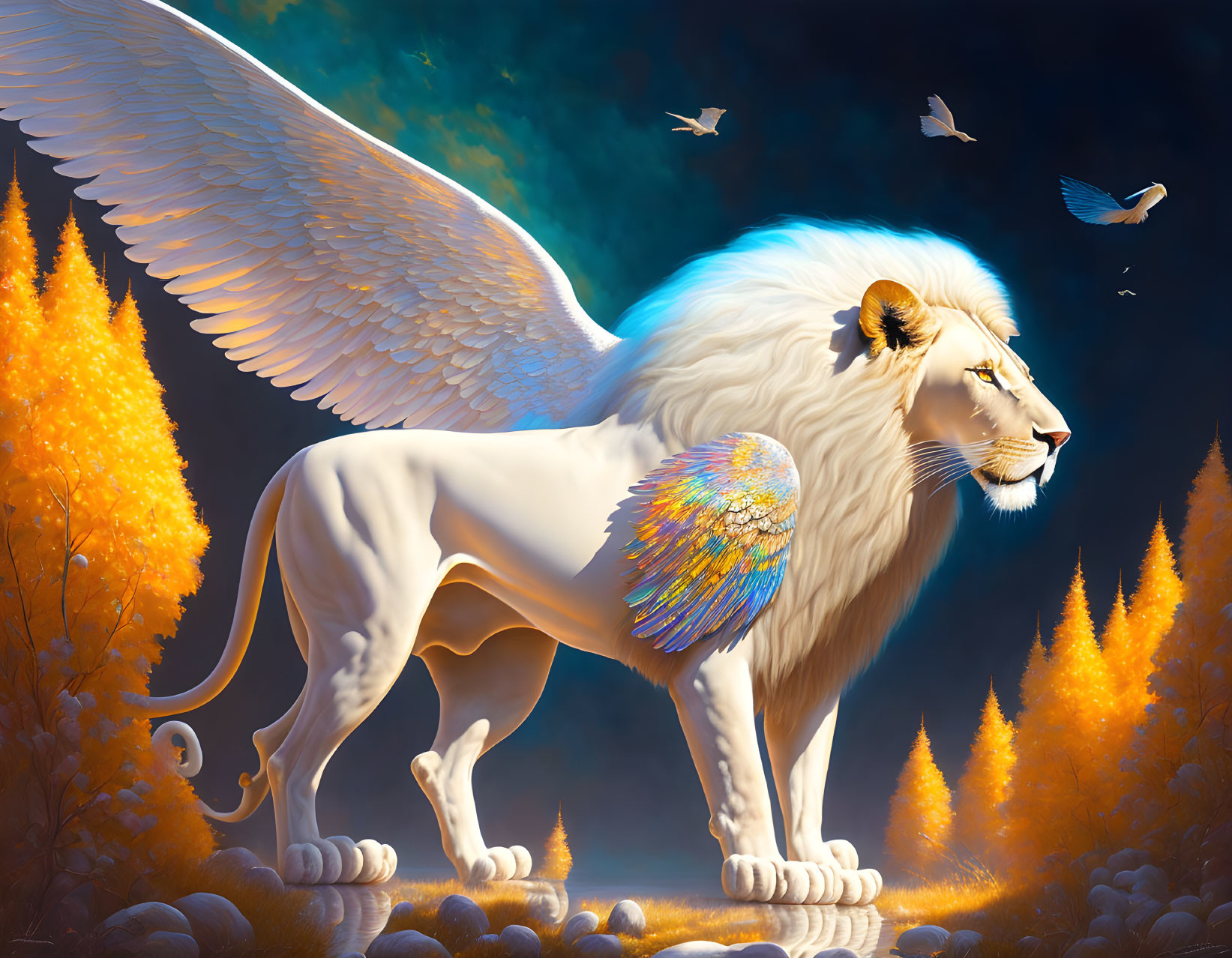 Majestic winged white lion in autumnal scene with birds - vibrant feathers.