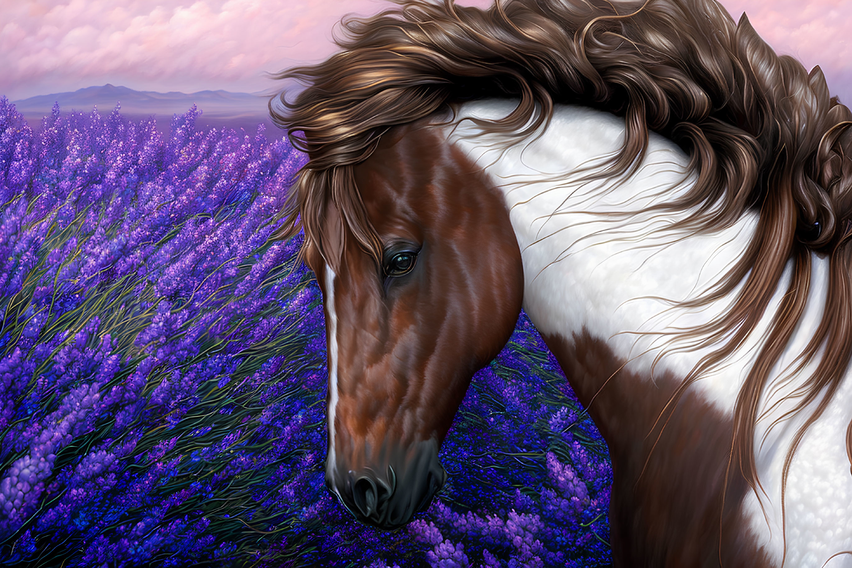 Brown and White Horse in Lavender Field Under Purple Sky