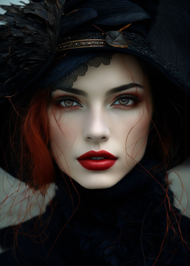 Vibrant red hair, striking makeup, black hat with feather details