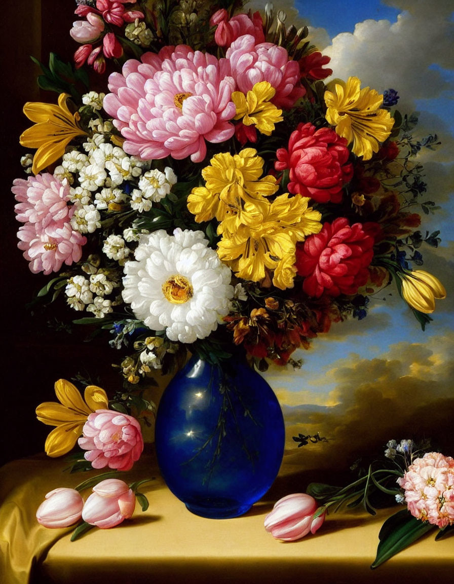 Assorted colorful flowers in blue vase against cloudy sky