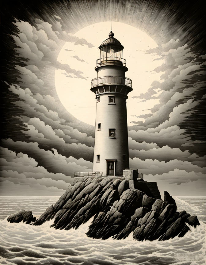 Monochromatic illustration: Lighthouse on rocky outcrop with dramatic sky.