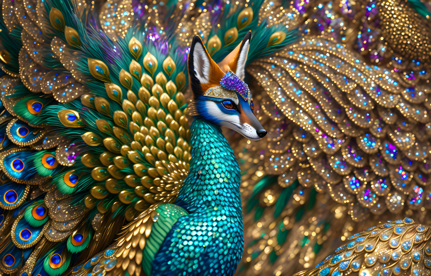 Digital artwork featuring fox head and peacock body fusion