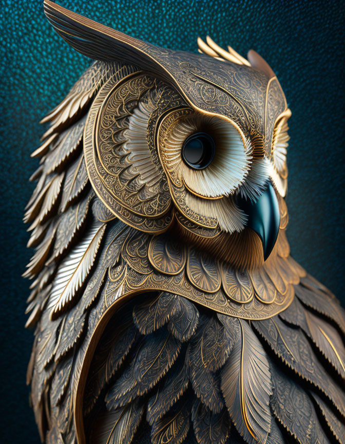 Detailed Wooden Owl Sculpture with Intricate Feathers and Patterns