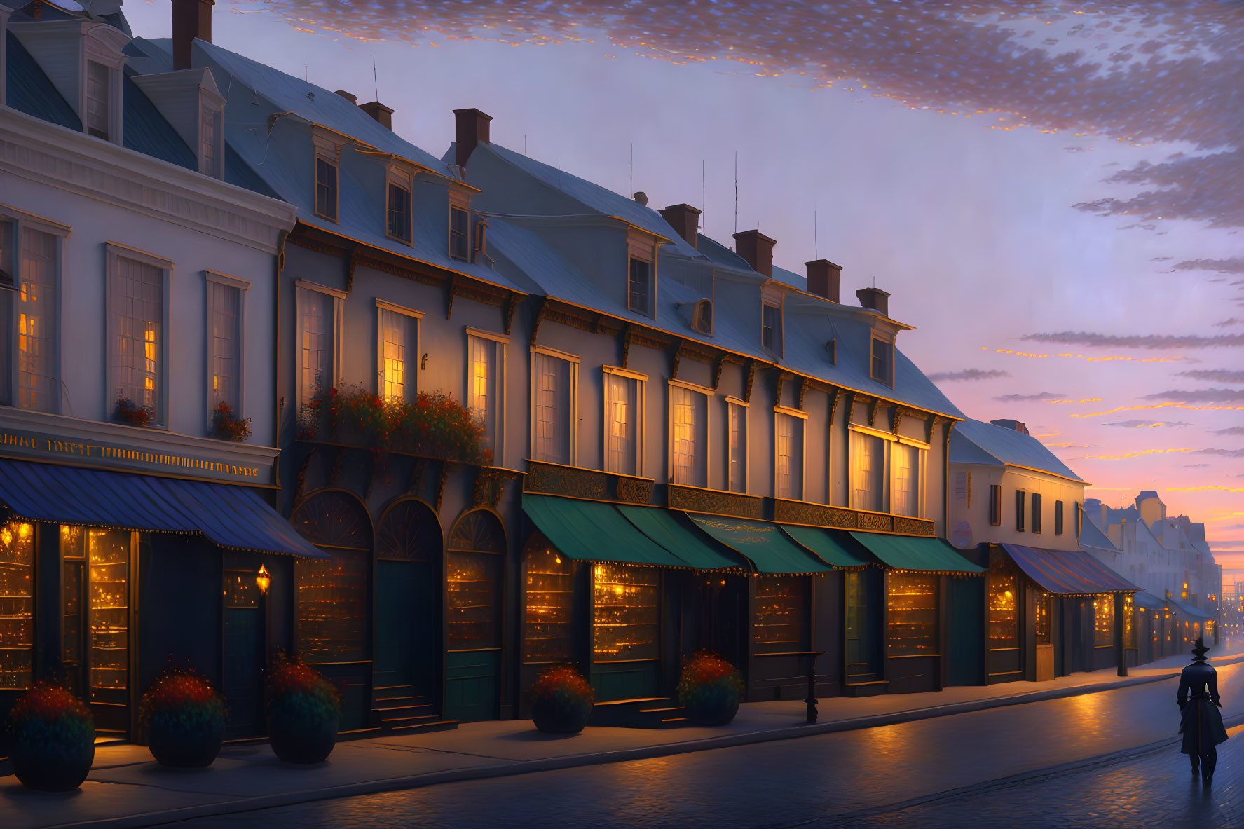 European Street Dusk Scene with Lit Storefronts and Lone Figure