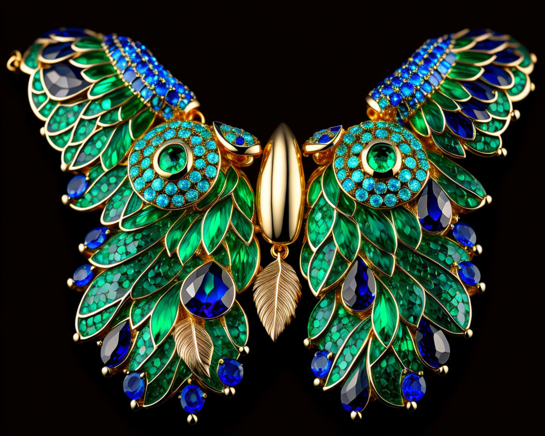 Luxurious Gold Necklace with Peacock-Inspired Design and Gemstones