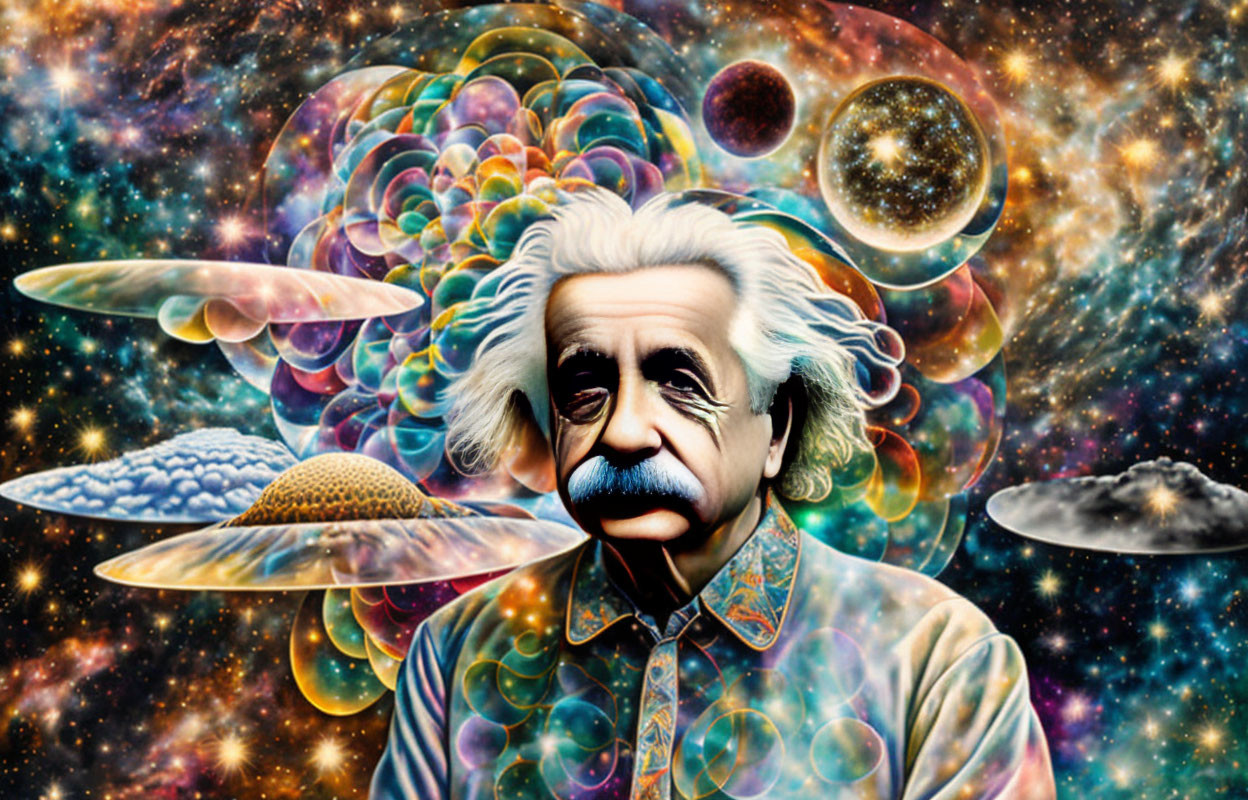 Cosmic artwork: Stylized portrait of Albert Einstein with galaxies and physics symbols