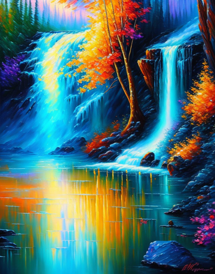 Colorful Autumn Trees Reflecting in Blue River Waterfall Painting