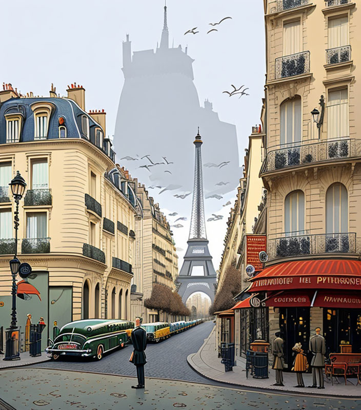 Paris Street Scene with Eiffel Tower, Person Walking, Vintage Cars, and Sidewalk Caf