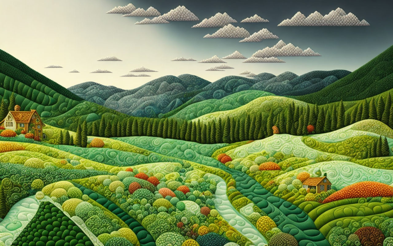 Whimsical landscape with green hills, houses, patterned fields, and vibrant clouds