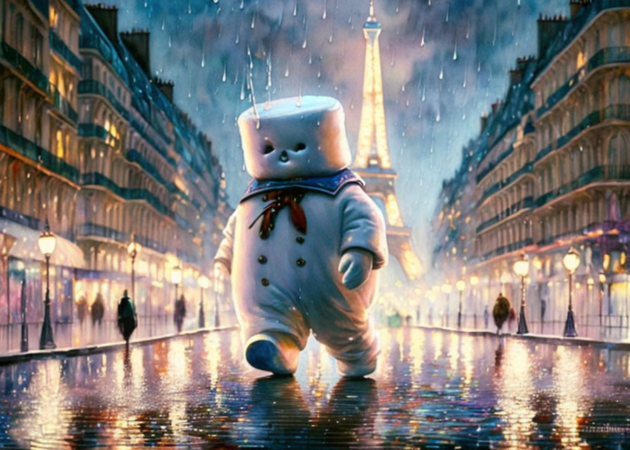 Marshmallow character in Paris rain with Eiffel Tower