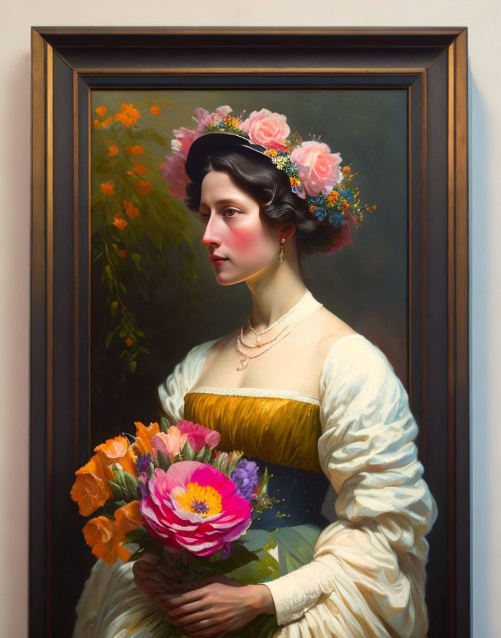 Traditional oil painting of woman in floral headdress and yellow gown