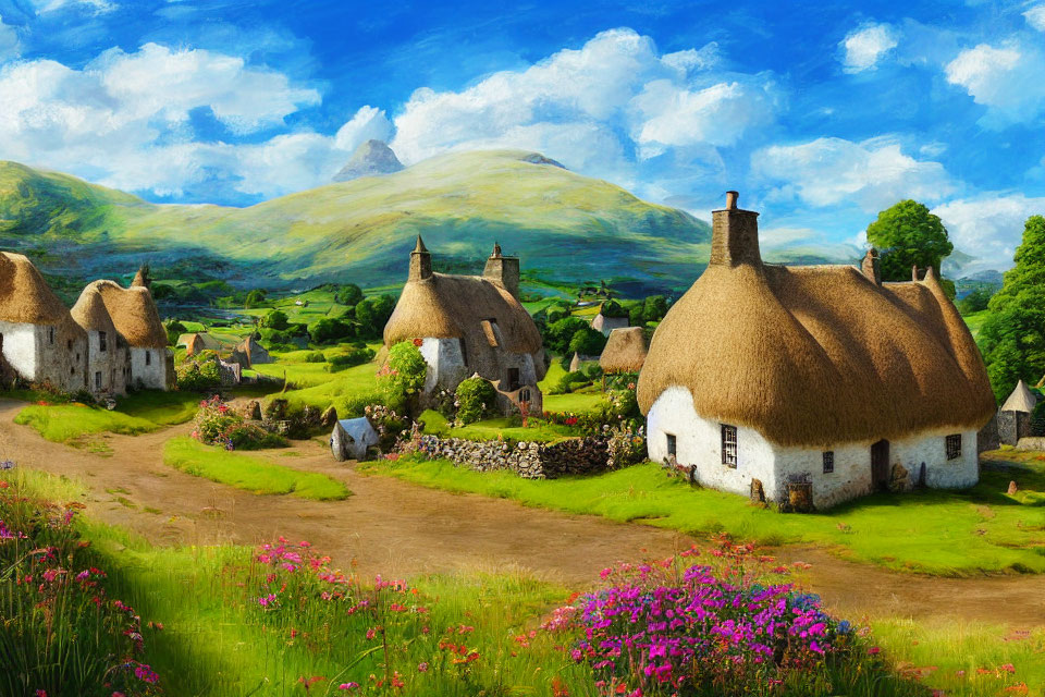 Idyllic village scene with thatched-roof cottages and green hills