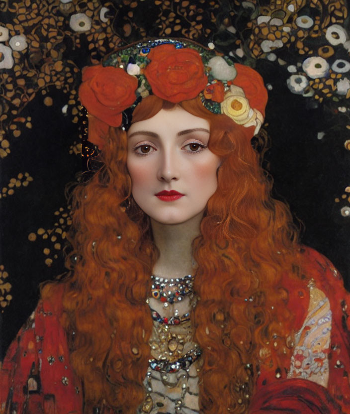 Red-haired woman in floral headband with jewels, dark floral backdrop