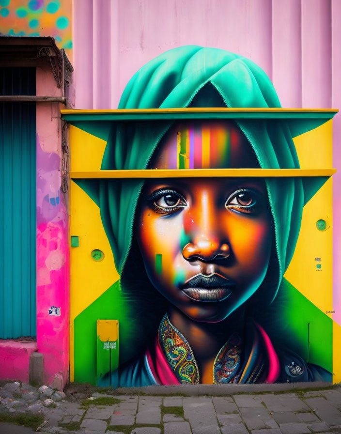 Colorful Street Art Mural Featuring Woman in Headscarf