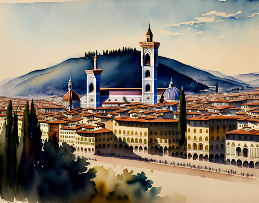 Cityscape watercolor painting with domes, bell towers, hills, and sky.