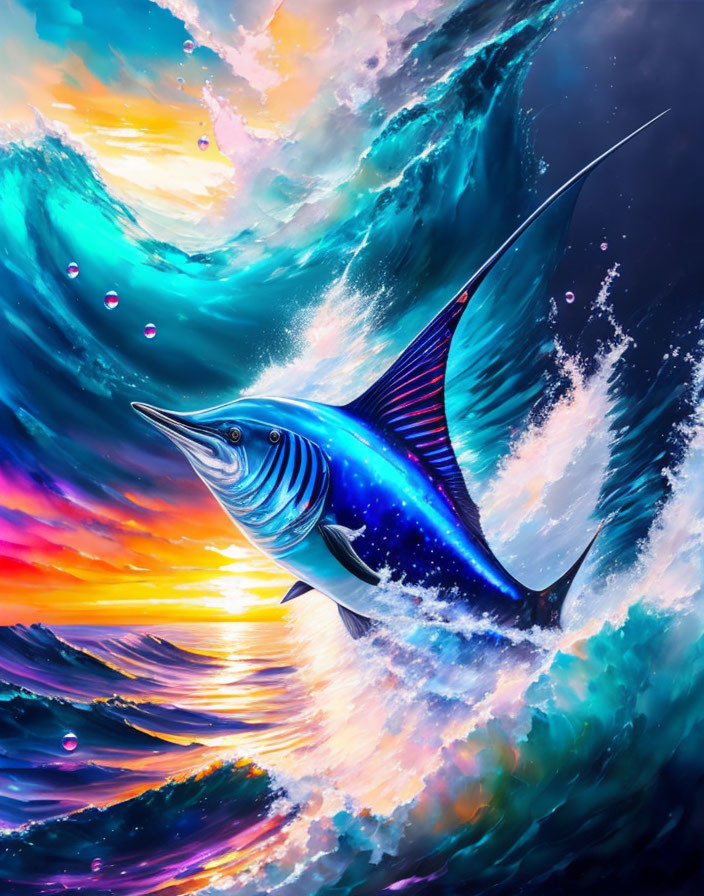 Colorful digital artwork: Marlin jumping in swirling sea at sunset