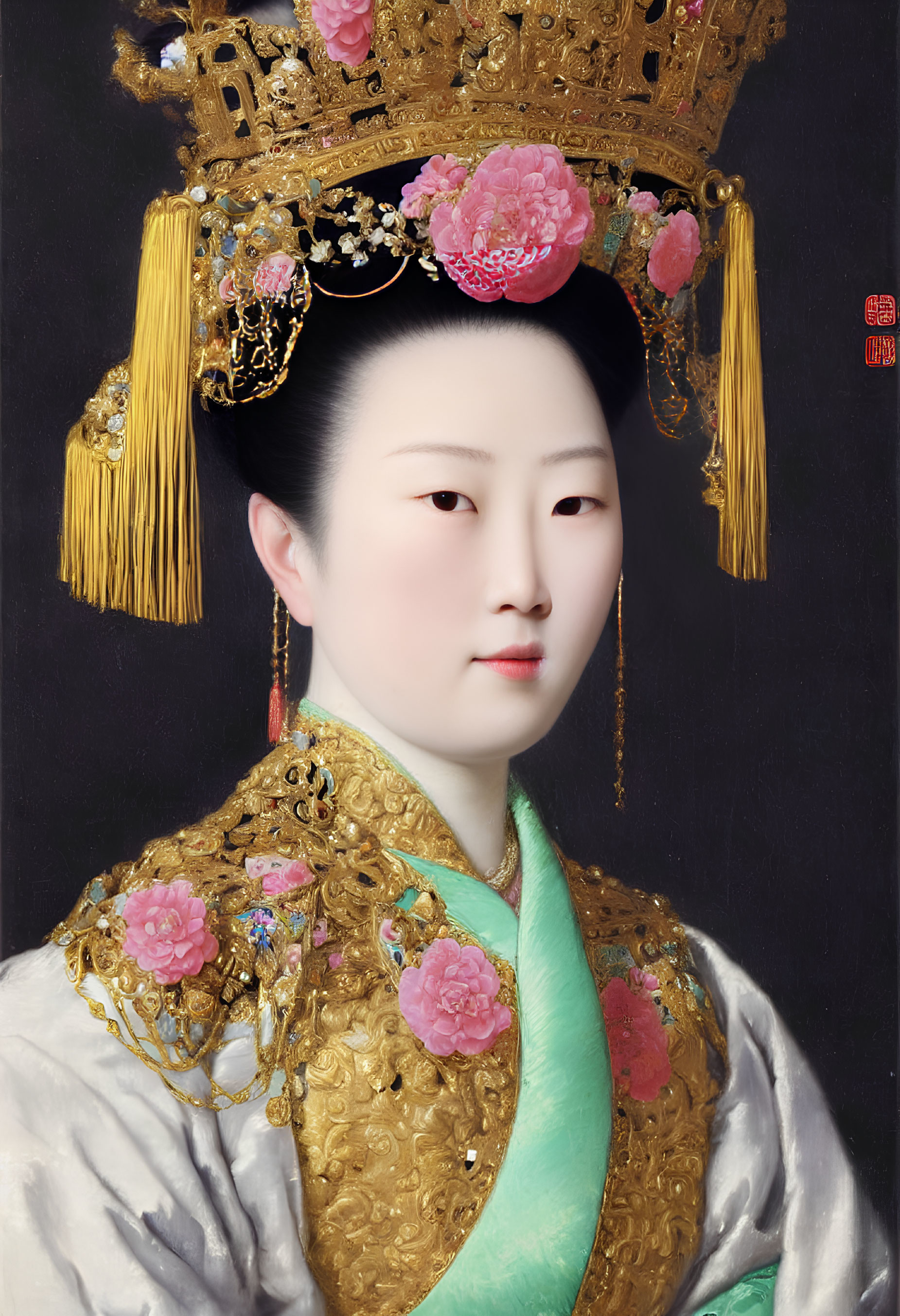 Historical East Asian woman in ornate attire and headdress