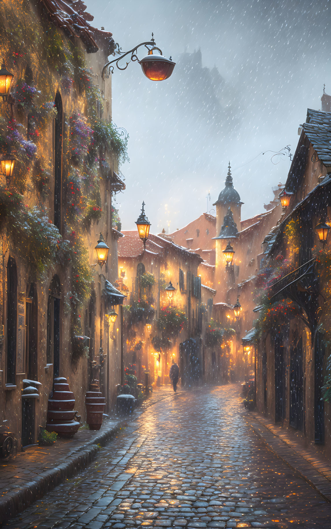 Quaint old town cobblestone street with snow and flowers