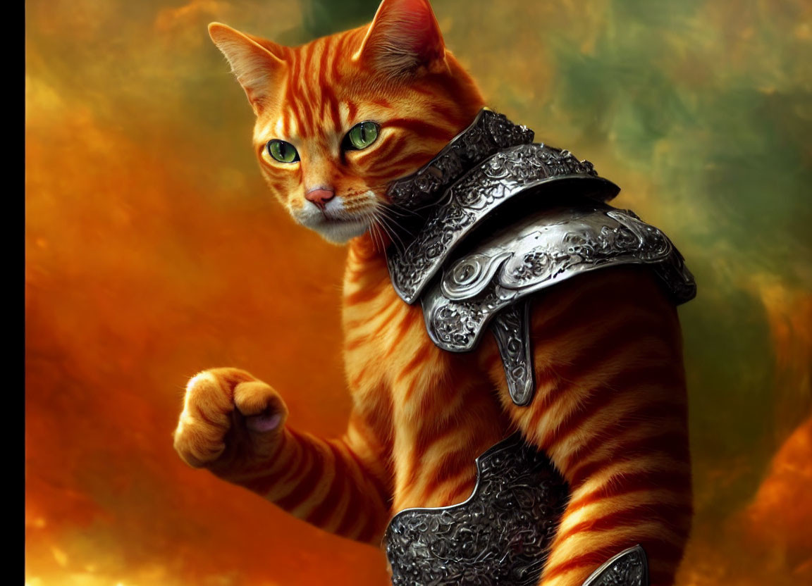 Orange Tabby Cat in Silver Armor on Fiery Background