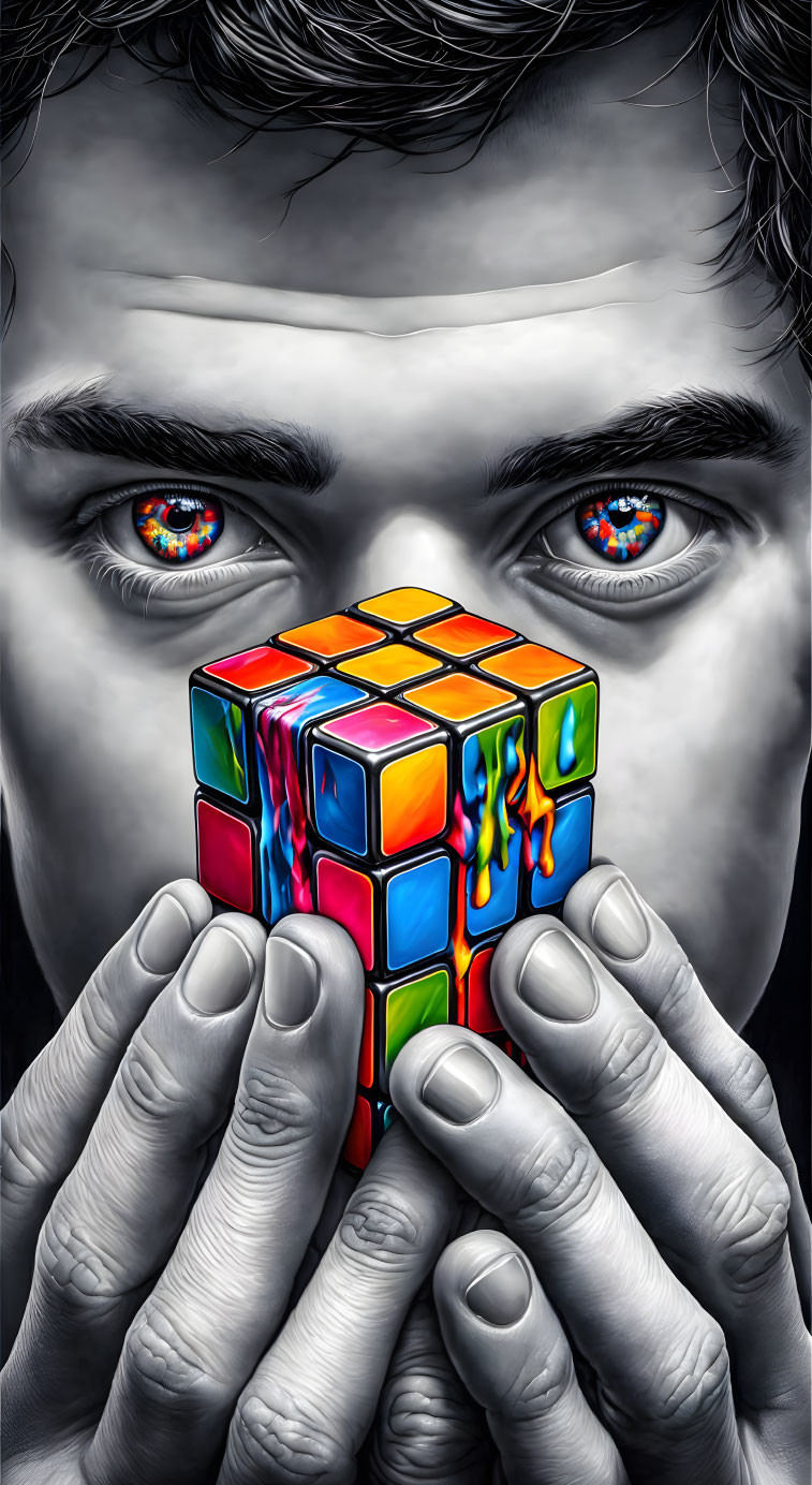 Intense-eyed person with melting Rubik's cube close-up.