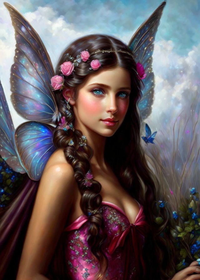 Female fairy portrait with iridescent wings, pink dress, braided hair, and butterflies.