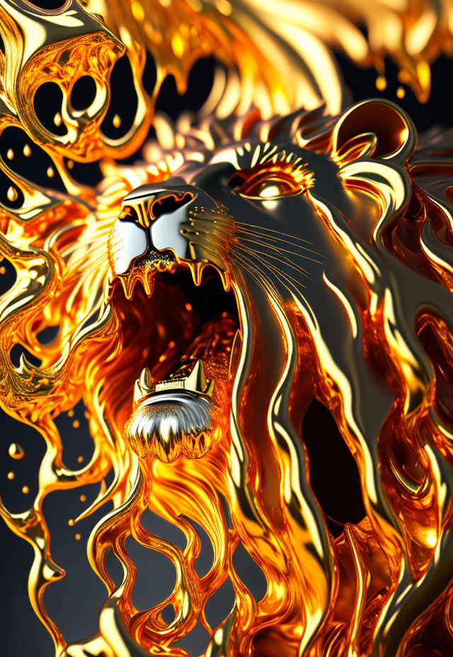 Golden fluid-like lion with fiery mane in intricate 3D rendering