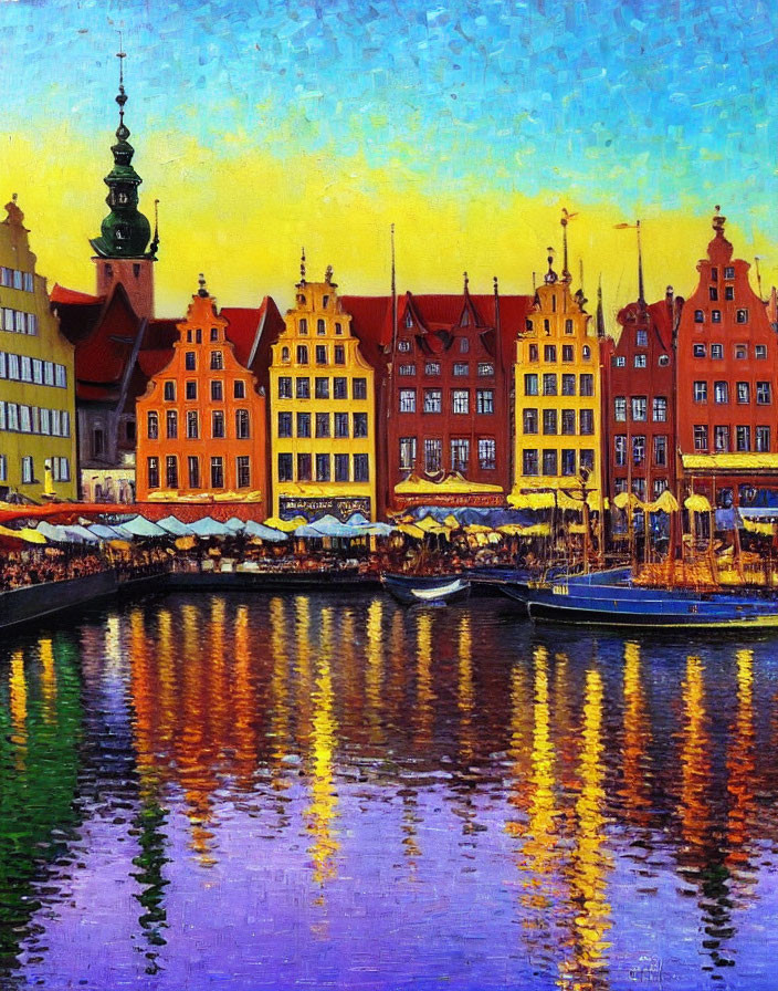 Colorful European Riverside Scene with Market and Twilight Sky