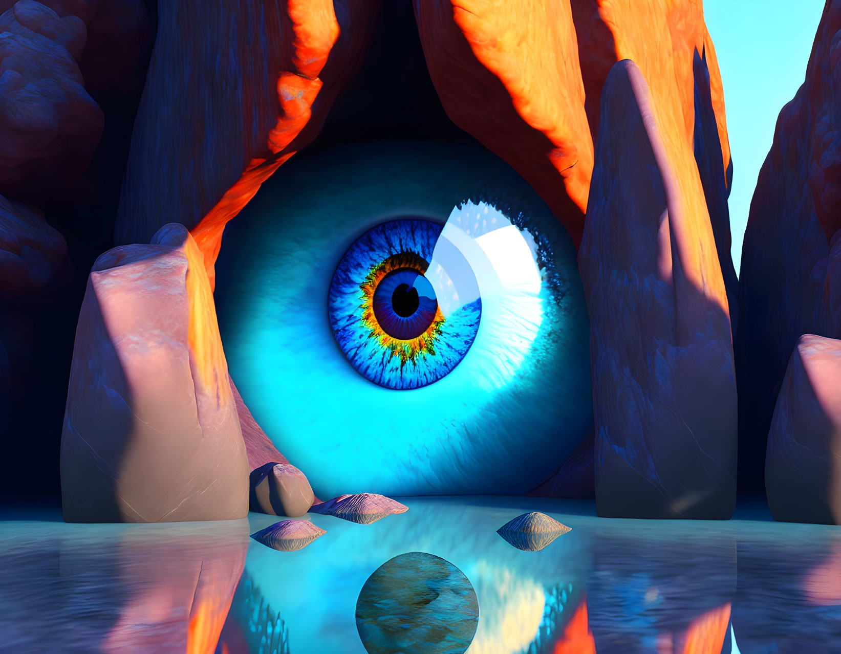 Surreal landscape featuring giant blue eye in rocky cliffs