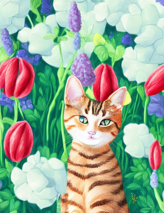 Vibrant tabby cat surrounded by tulips and purple flowers