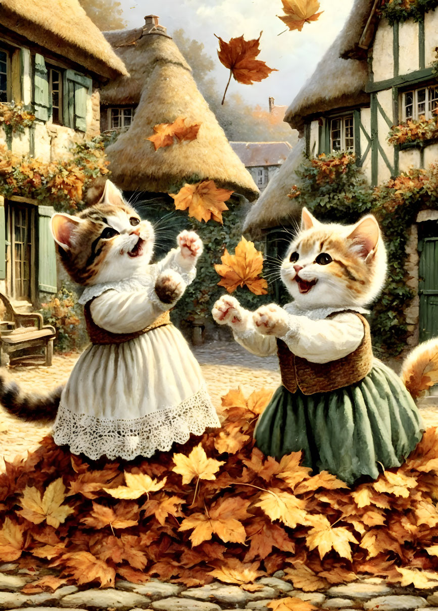 Anthropomorphic kittens in dresses playing with autumn leaves in a quaint village.