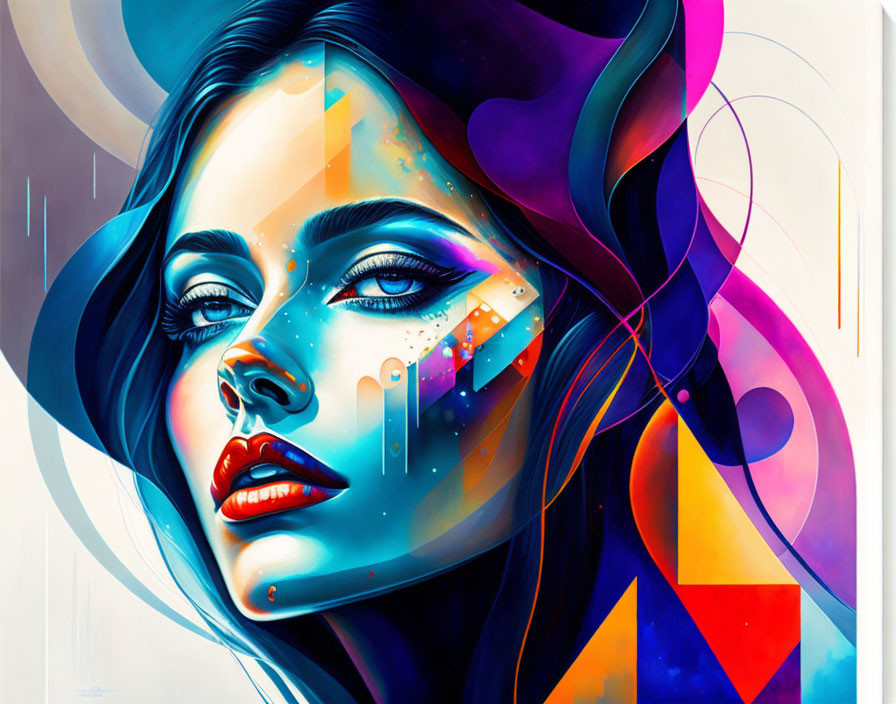 Colorful digital artwork of woman with blue eyes and abstract patterns