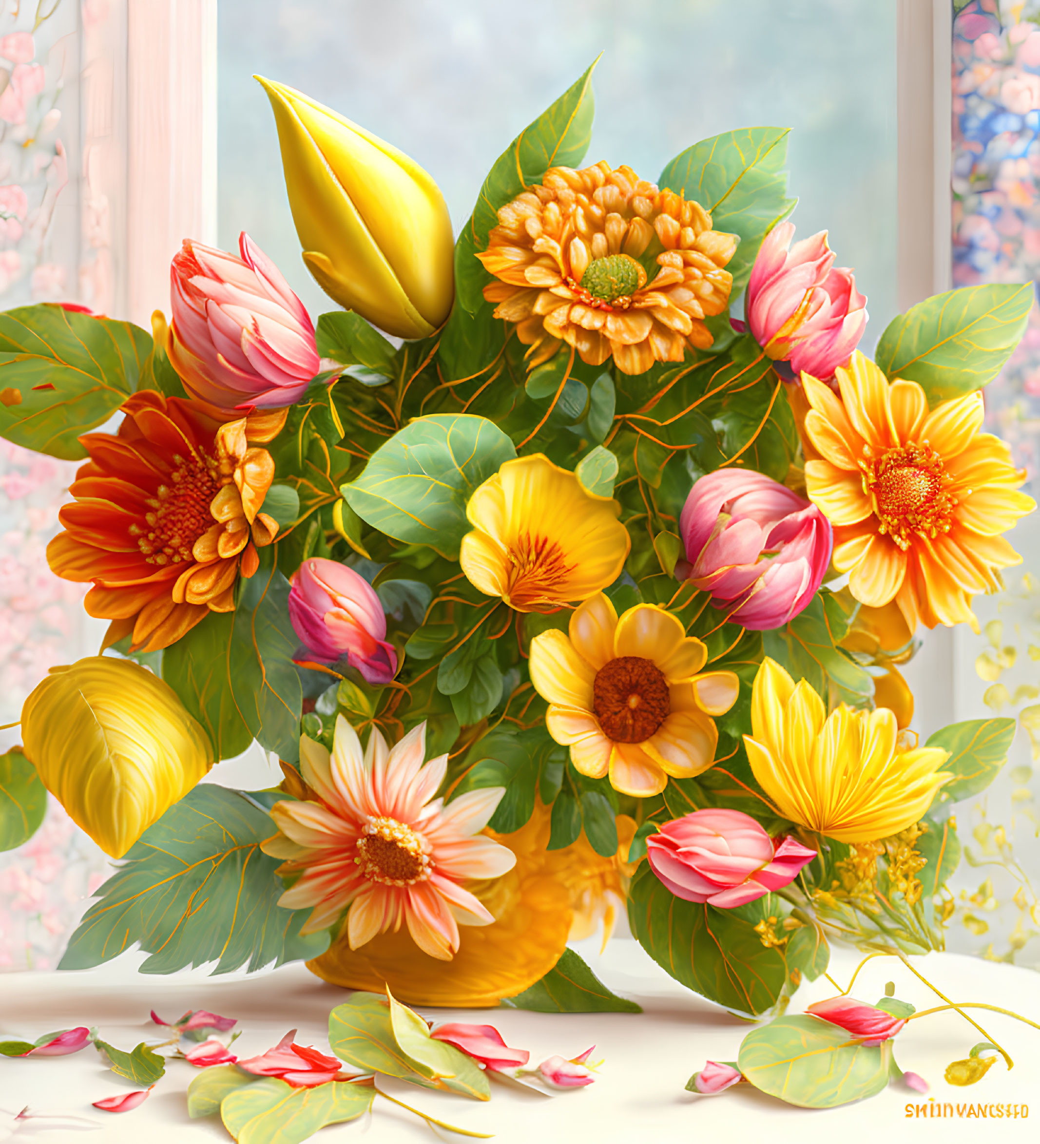 Vibrant bouquet of orange and yellow flowers in yellow vase, petals scattered near window with pink curtains