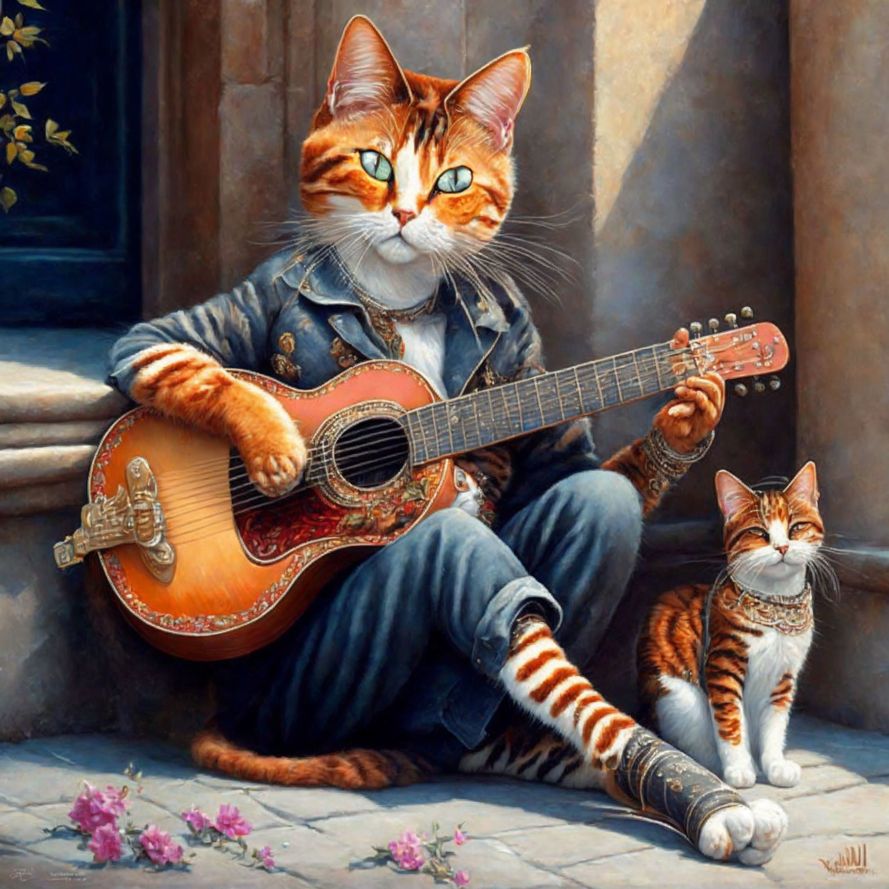 Orange Tabby Cat Playing Guitar with Kitten Against Stone Wall