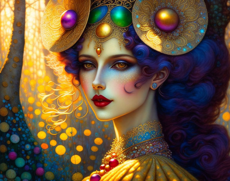 Colorful portrait of woman with blue skin and golden headwear in mystical forest