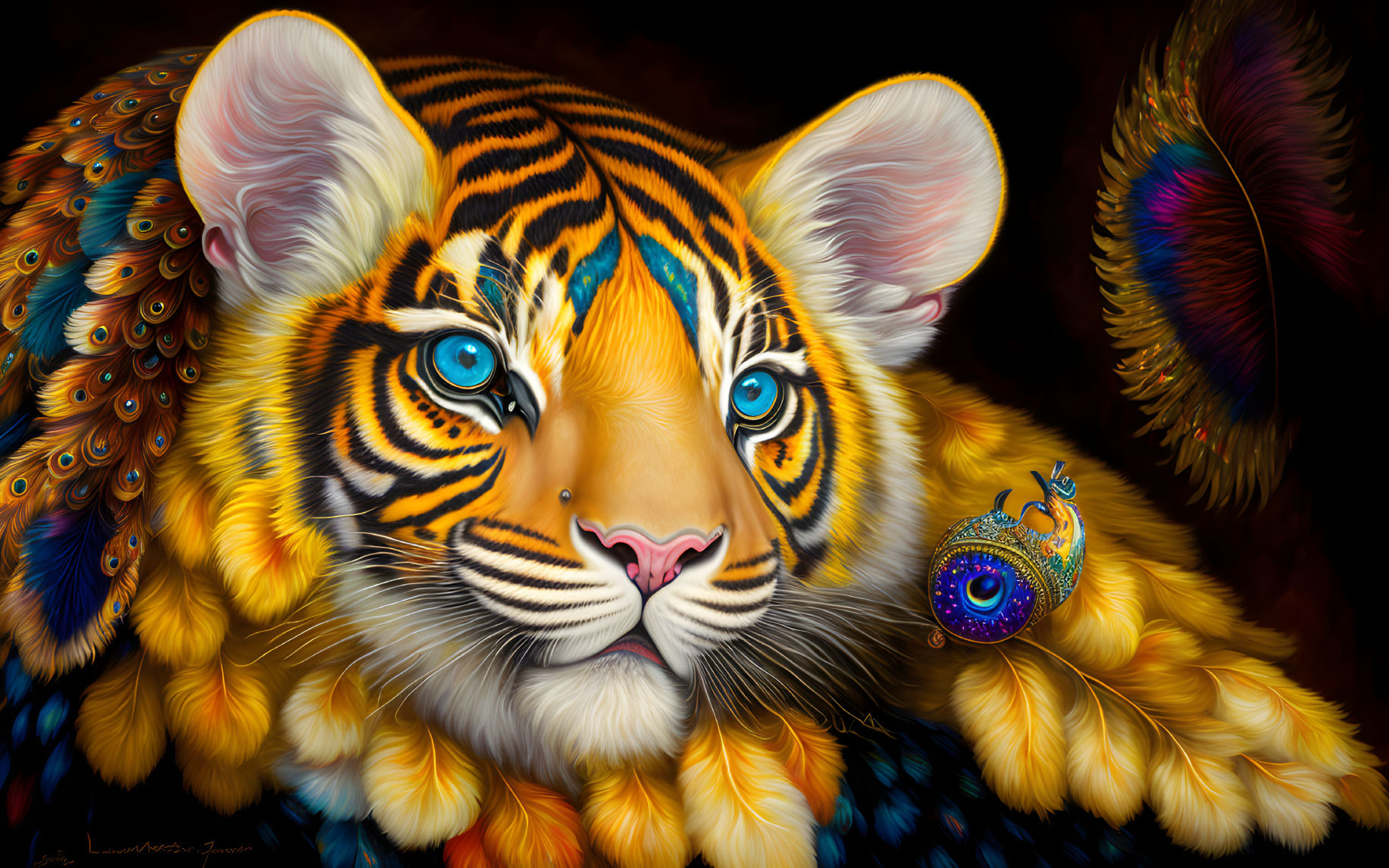 Colorful Tiger Art with Peacock Feather Elements and Pendant