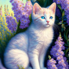 White Cat with Blue Eyes in Lilac Flowers and Green Foliage