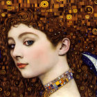 Woman portrait with flowing hair in Gustav Klimt style: digital art with gold accents