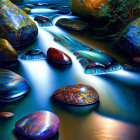 Tranquil digital artwork of a stream with glossy stones and lush greenery