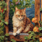 Striped Orange Cat with Green Eyes in Serene Garden Setting