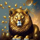 Majestic golden lion with intricate patterns, surrounded by flying golden ornaments