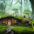 Enchanting forest scene with hobbit-like house and colorful mushrooms